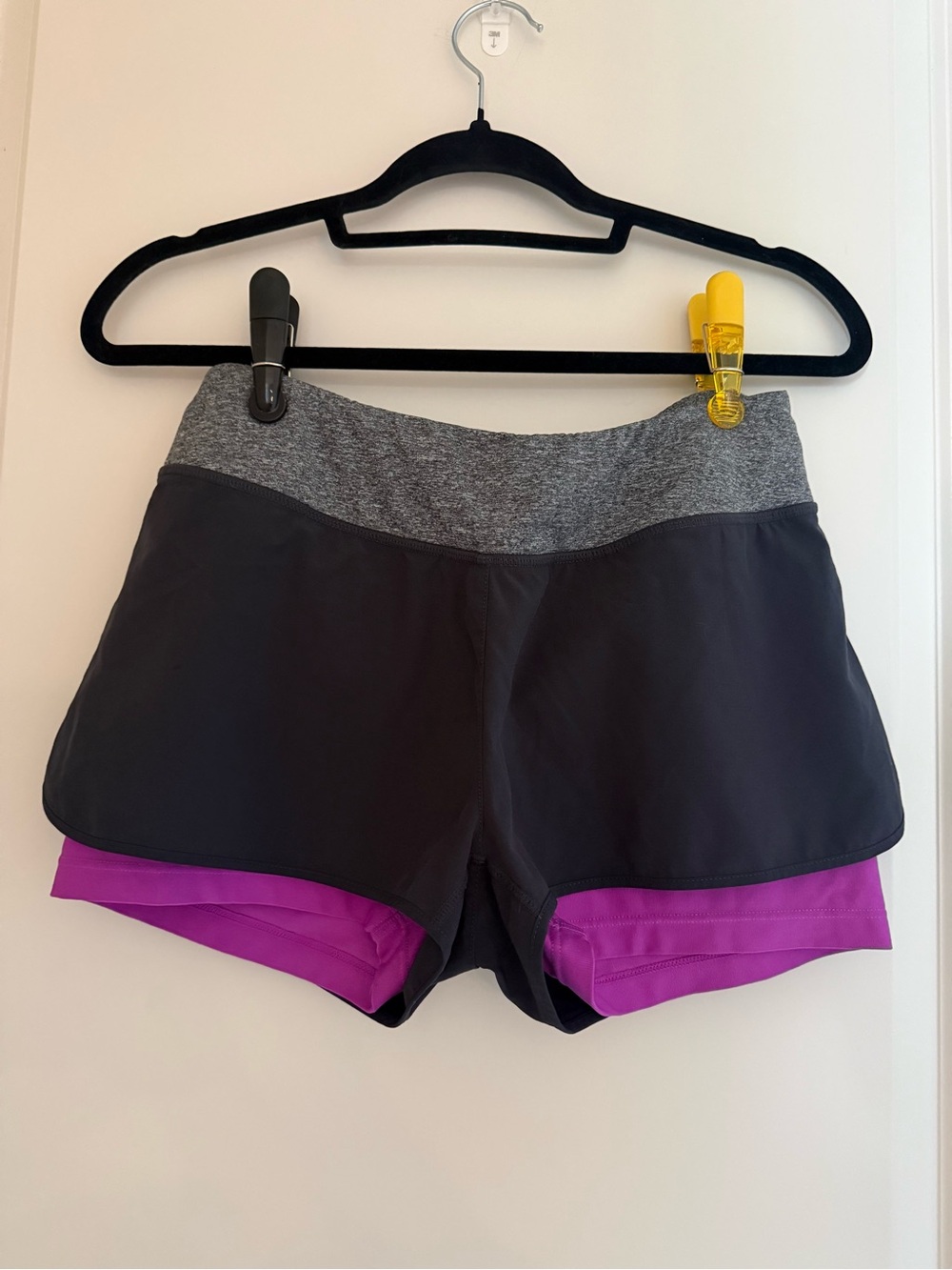 Running Shorts with Purple Spandex and Gray Outer Layer